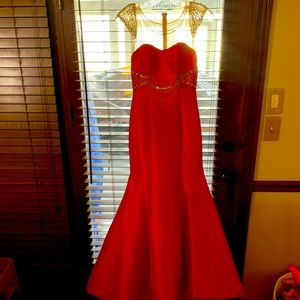 Rachel Allen fit & flare with beaded illusion neckline.